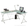 White-black L-shape office glass desktop computer desk